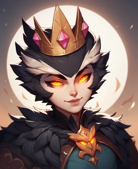 Creature, owl body, humanoid face, glowing eyes, black feathers, wearing a crown