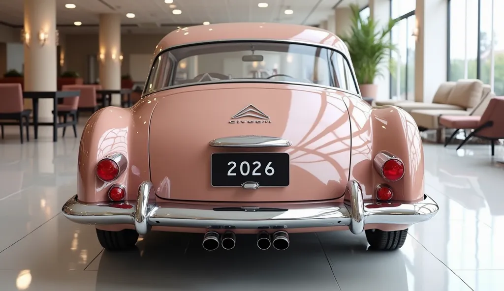 create an ultra-detailed 3D render of a Classic, close-up rear view of 1962 Citroen ID19 with a bold design. The car should feature a 'Gleamy glossy painted  Rose Gray' color with a 'Citroen' logo on its prominent back, and sleek frontlights. The body shou...