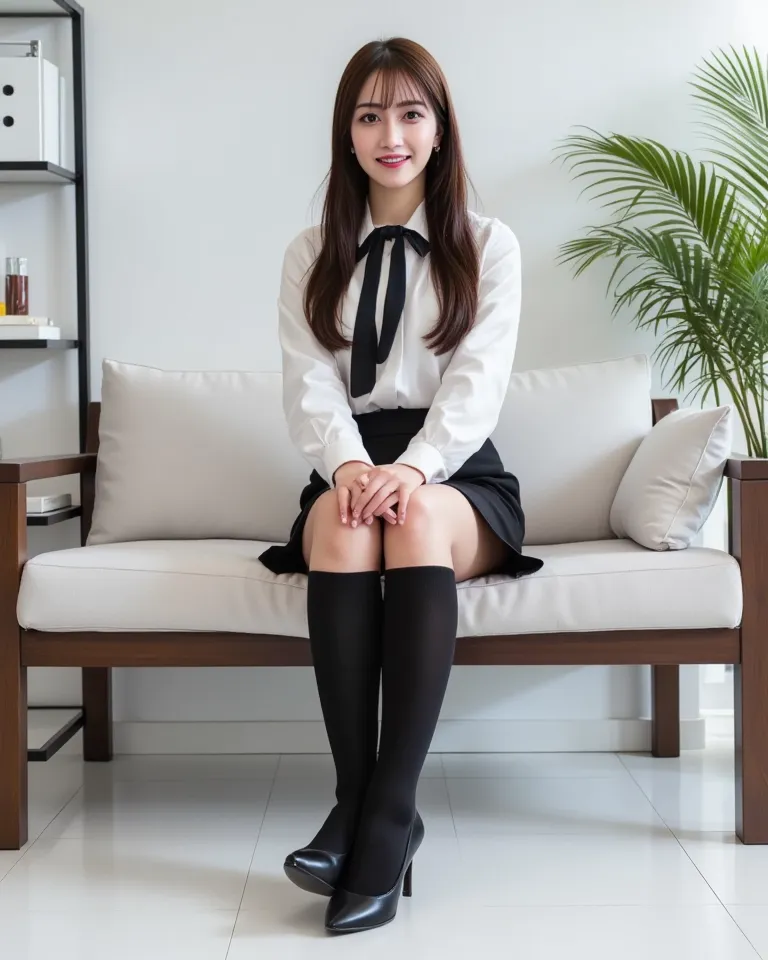 (     photorealism   :1.2)、 full body portrait 、Smelling black high  socks 。   beautiful日本人モデル、39;   thick legs、  woman  、39;   Office worker uniform    、   black high heels   、smile、Bench on the White Floor 、  Open your legs a little 。 super realistic thi...