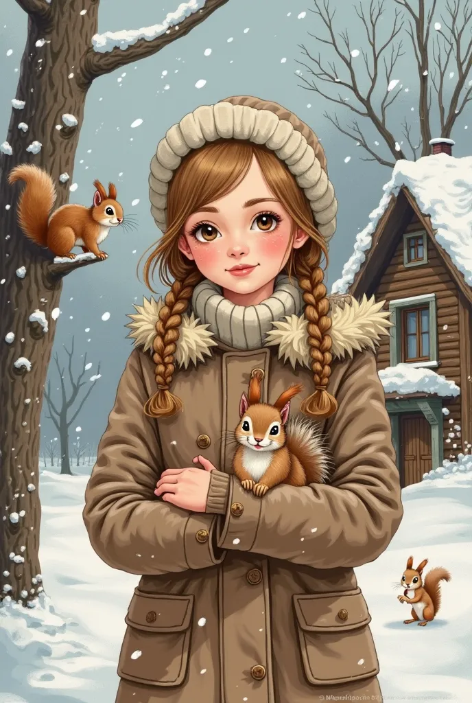 A hand-drawn illustration of a pretty  Russian girl with a happy expression in a winter setting. Traditional artistic style like book illustrations, not cartoonish or anime. She has Slavic features, rosy cheeks, and a playful, coquettish smile. Her eyes sp...