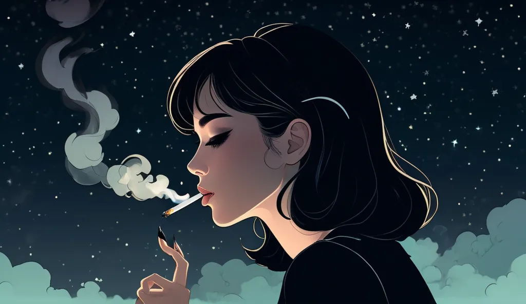 A stylized side profile of a woman with dark hair smoking a cigarette against a starry black background. Minimalist anime-inspired art style with dark, moody atmosphere. Lofi aesthetic with muted colors and subtle smoke wisps curling upward. Neo-noir vibe ...