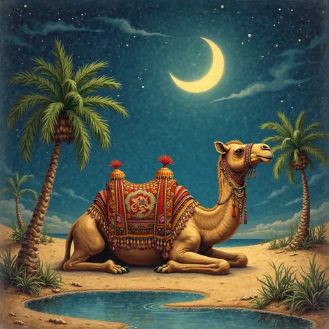 A detailed and symbolic depiction of a majestic camel resting in a serene desert oasis under a glowing crescent moon. The camel is adorned with vibrant, intricate saddles and ornamental tassels, reflecting Islamic cultural artistry. Around the camel are pa...