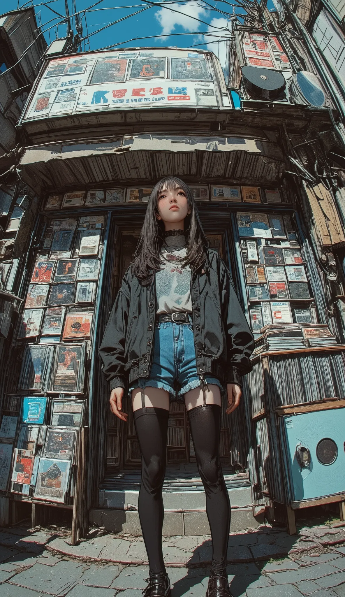  Fisheye 、Cartoon photo of a beautiful woman standing in front of a record store,  street casual、long hair、Bob Singer,  Adrienne Tomine , cartoon photo of a man standing in front of a record store, Digital rendering inspired by Chris Ware , Cliff Chan , Mu...