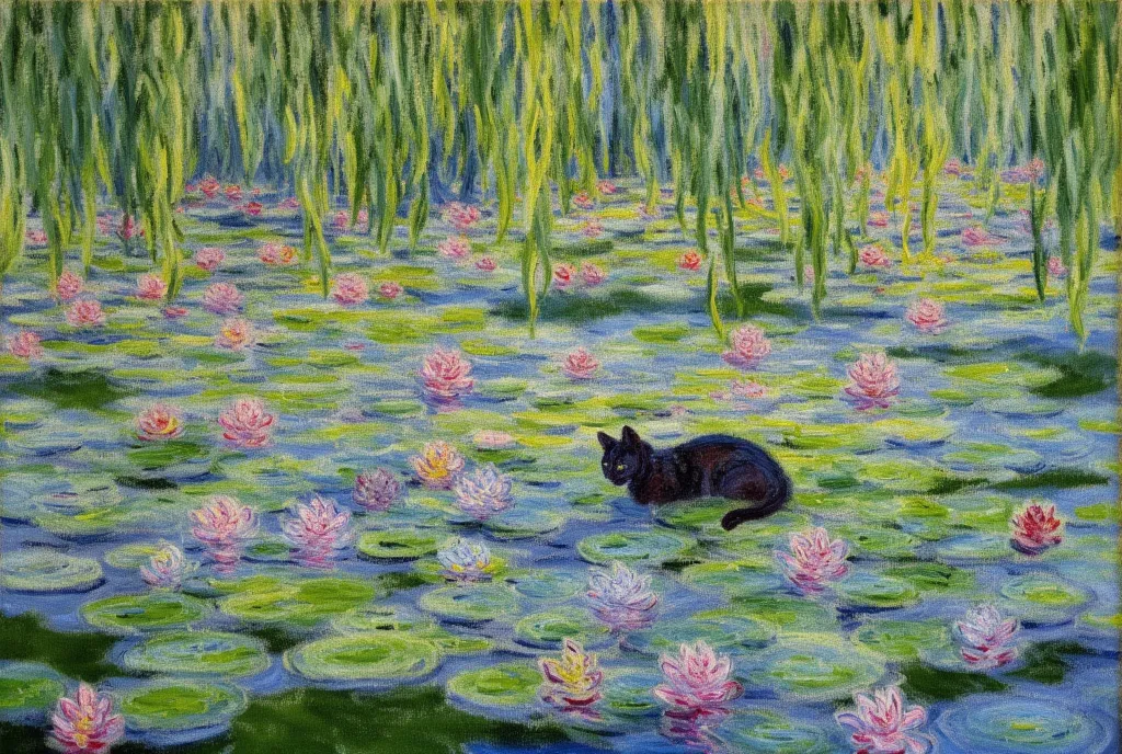 _A serene Impressionist-style painting inspired by Claude Monet's "Water Lilies" series. A graceful cat lounges atop a floating lily pad, basking in the soft glow of morning or twilight light. The scene captures the tranquility of nature, where the cat's s...