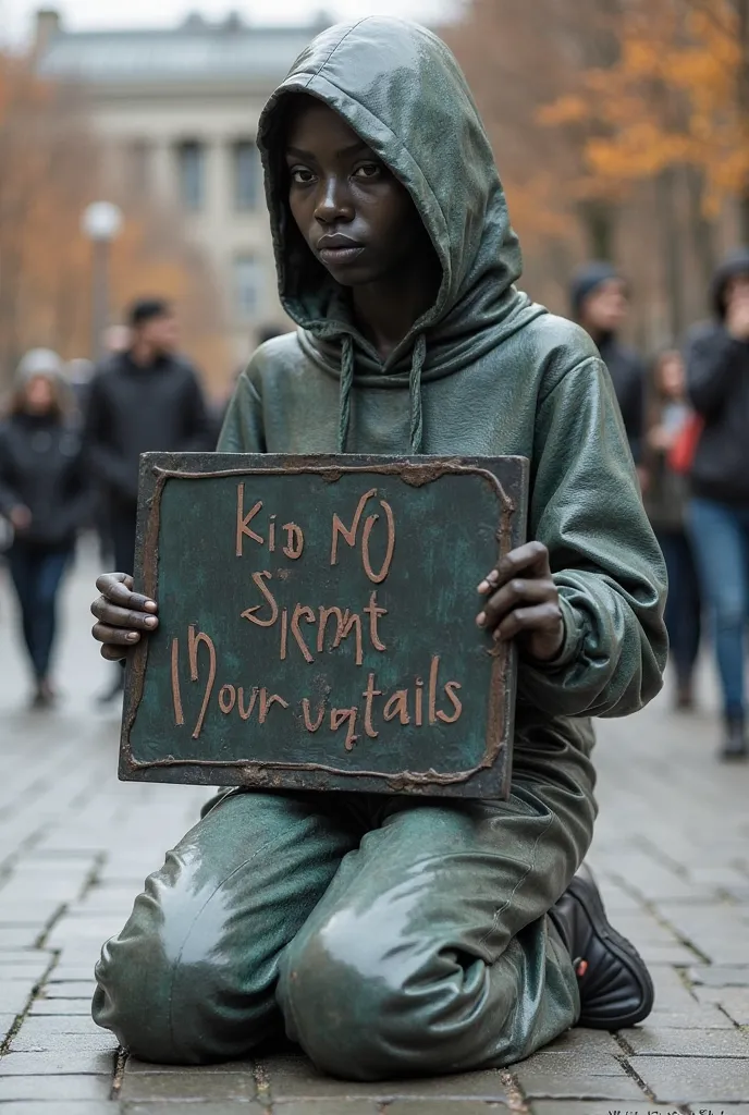 The Silent Protest" – A kneeling or sitting student holding a sign with no words, symbolizing silent resistance.sculpture