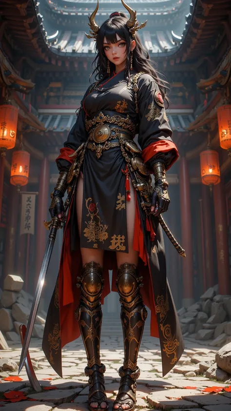 A powerful gyaru samurai girl with dark skin and tattoos，wearing traditional Japanese clothing and armored boots，Standing with a weapon in a realistic temple，has orange eyes and very ridiculous resolution。從下方往上看，lens from top to bottom