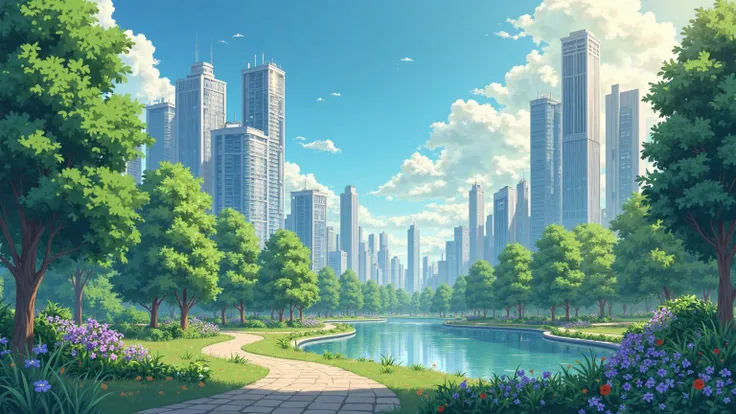  Anime style, clear sunny day. A park within a modern city,  high-rise buildings. There are no people. 