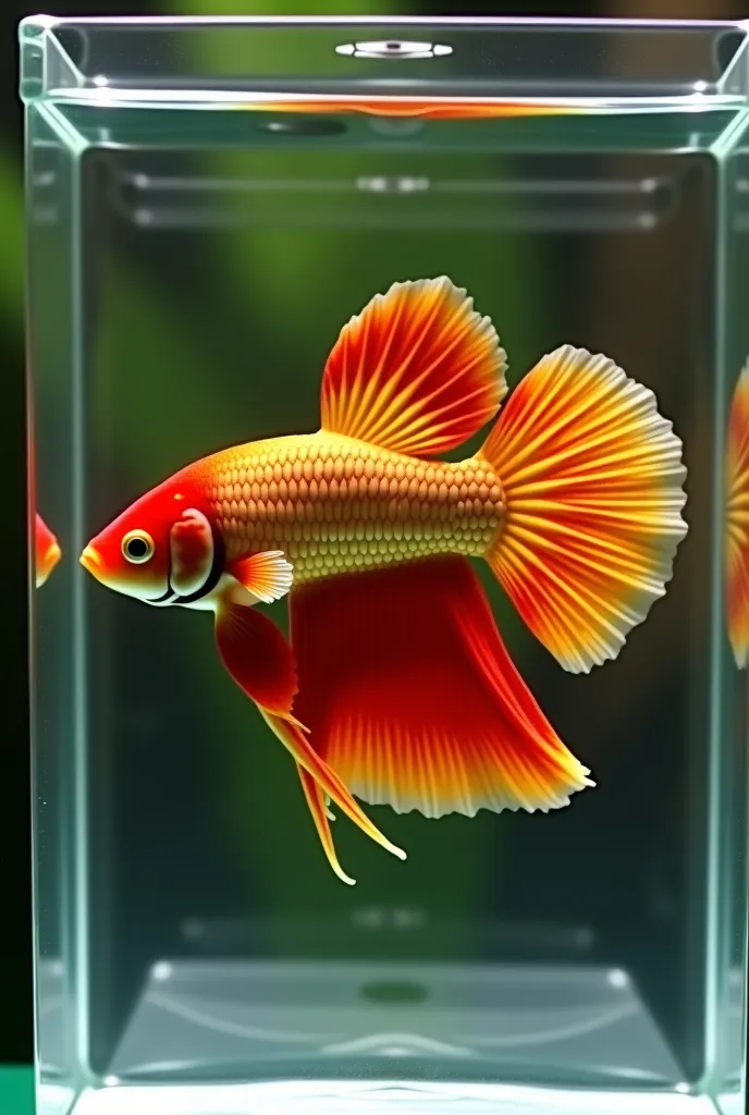 there is a red and yellow fish in a glass tank, a portrait by Ivan Ranger, reddit, fine art, betta fish, looking from side and bottom!, beta male, mid 2 0's female, red scales on his back, two male, 🦩🪐🐞👩🏻🦳, looking from side!, some red and yellow, 1 male