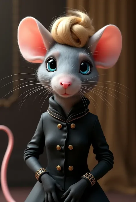 An elegant female rat in a black coat, blond hair, blue eyes, Gala bun 