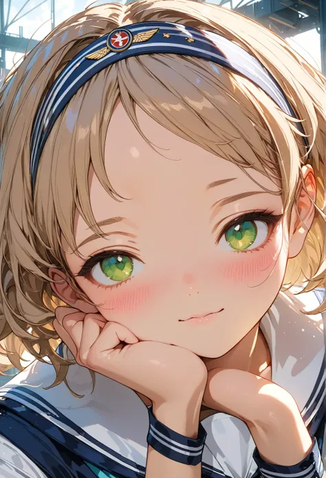 Anime girl, (ethnicity:1.2), (age:1.1), (detailed clothing:1.2), (sailor suit:1.3), teal scarf, (accessories:1.1), (headband:1.1), (military-style insignia:1.2), (facial features:1.3), (expression:1.2), calm, (body type:1.1), (pose:1.2), slightly crouching...