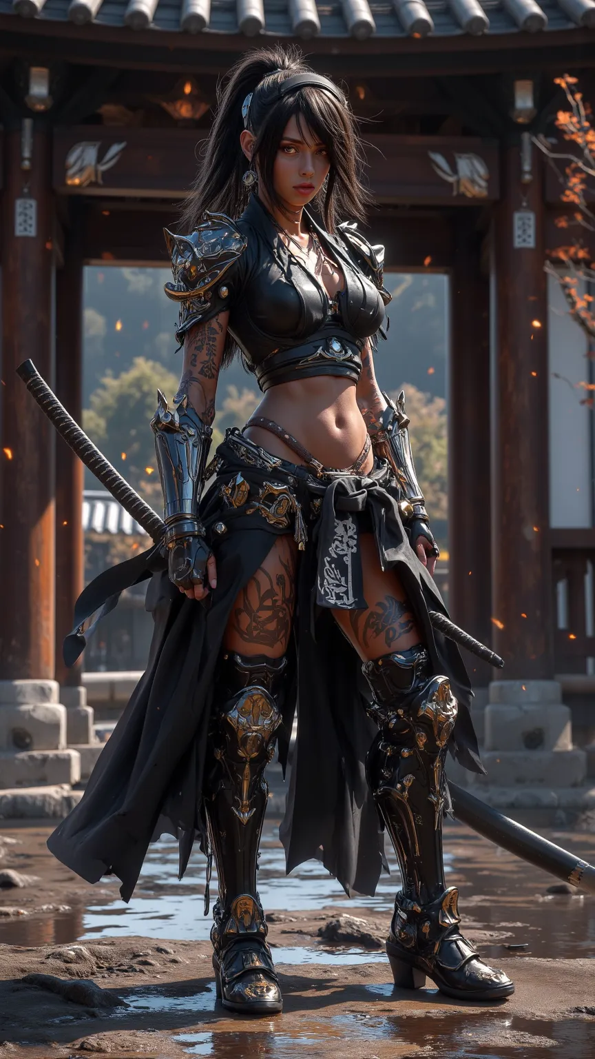 A powerful gyaru samurai girl with dark skin and tattoos，wearing traditional Japanese clothing and armored boots，Standing with a weapon in a realistic temple，has orange eyes and very ridiculous resolution。從下方往上看，lens from top to bottom