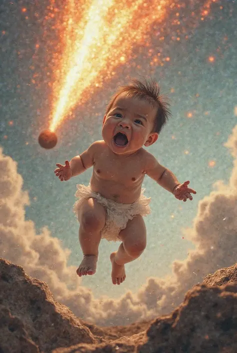 Meteorite is flying into Earth's atmosphere. An Asian baby in a diaper flies up on a rock. Mouth wide open screaming