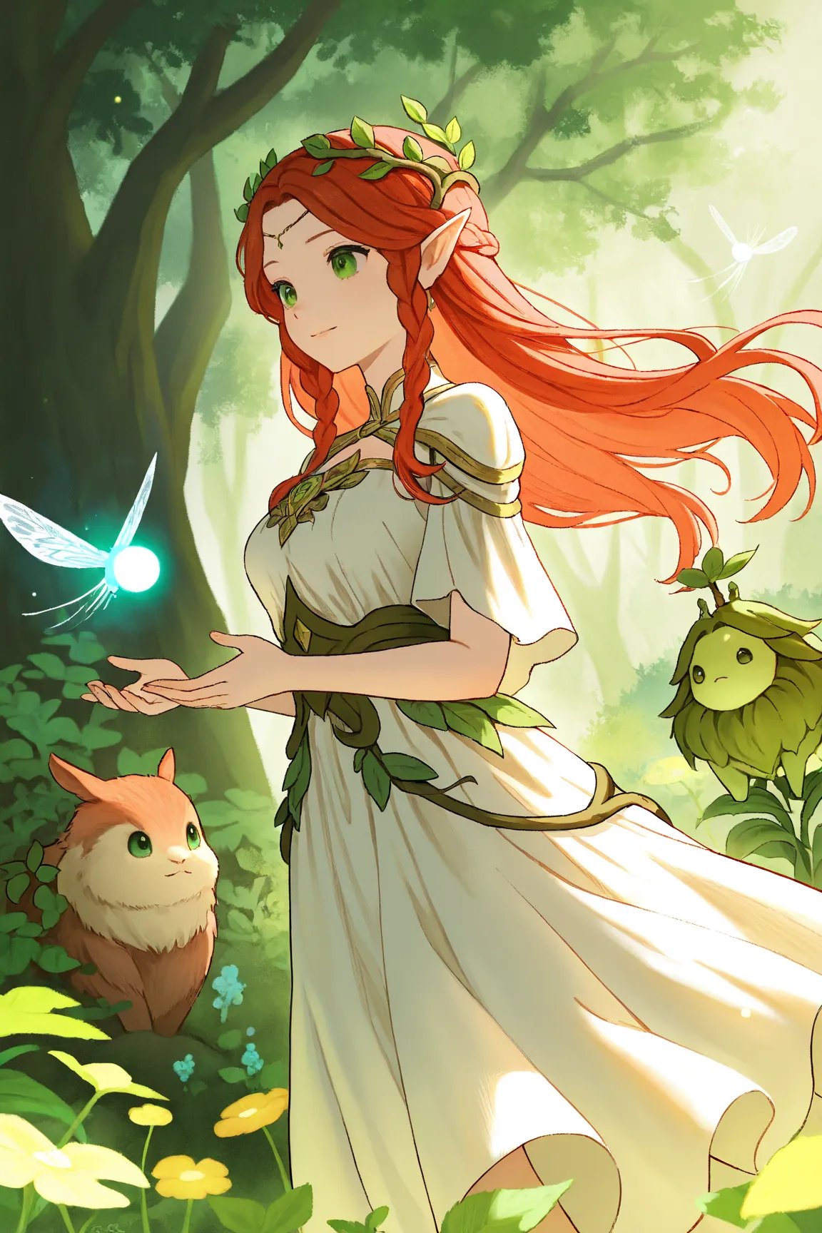 1 girl, , Long-haired, red-haired Dryad,  bright and penetrating green eyes , She has a serene and calm look,  Wear a simple white dress , está em meio a nature, With plants and animals, powerful, fly away, nature, subtle, innocent, Fantasy, magic