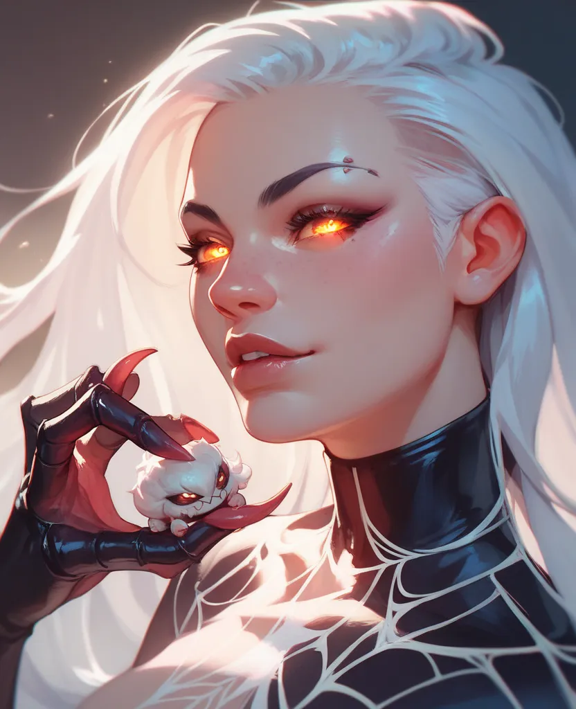 Creature, spider body, humanoid head, glowing eyes, long white hair