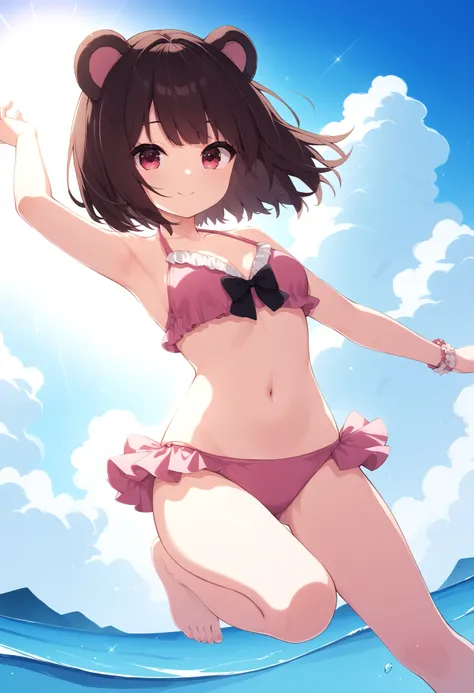 masterpiece, best quality, wallpaper, 1 cute small girl, short hair, darck brown hair, straight hair, straight bangs, fringe, crimson eyes, bear ears, cute small boobs, pink bikini, sexy navel, legs, floating in sky, a navel closeup, warm soft lighting, th...