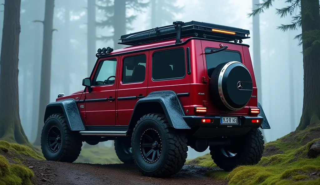 "A customized Mercedes-Benz G-Class 6x6 off-road expedition vehicle in a misty forest. The vehicle is painted in a deep red color with rugged black fender flares and massive off-road tires with black and silver rims. The rear showcases a mounted spare tire...