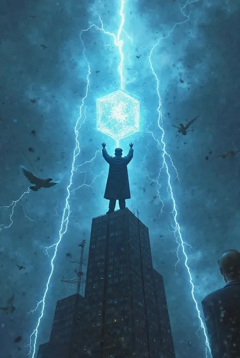 "Kim Jong-un standing on top of a futuristic skyscraper, raising a glowing blue energy cube to the stormy sky as a massive portal begins to open. Lightning strikes all around. Donald Trump and Vladimir Putin stand on the opposite side, ready for battle. Th...