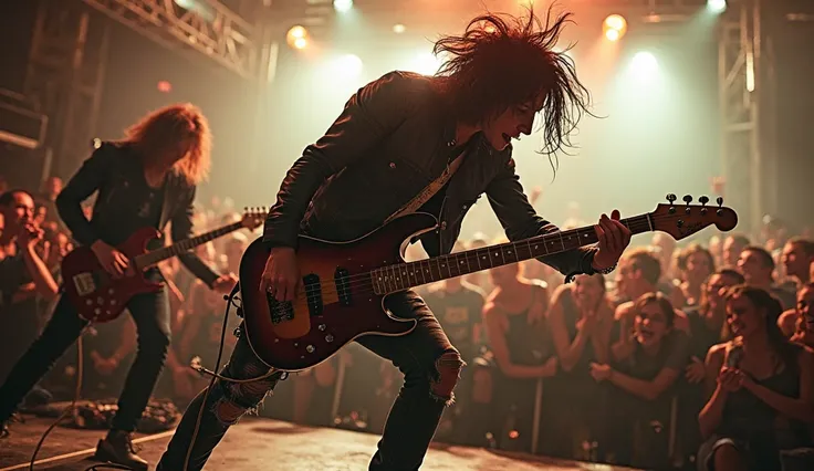 Hard cut back to the band, now in full punk-rock madness mode:
The guitarist swings his instrument wildly