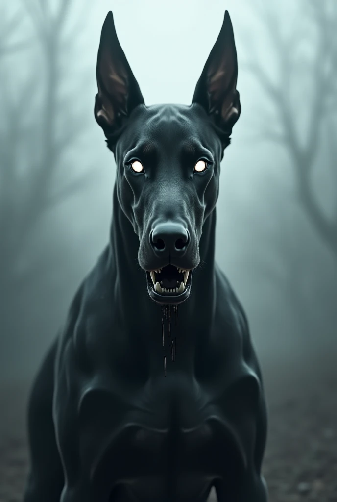 A dark, atmospheric digital painting of a demonic Doberman with glowing white eyes. Its sleek, muscular body is painted in grayscale tones, blending into a misty, ominous background. Black liquid drips from its mouth, giving it an eerie and menacing presen...