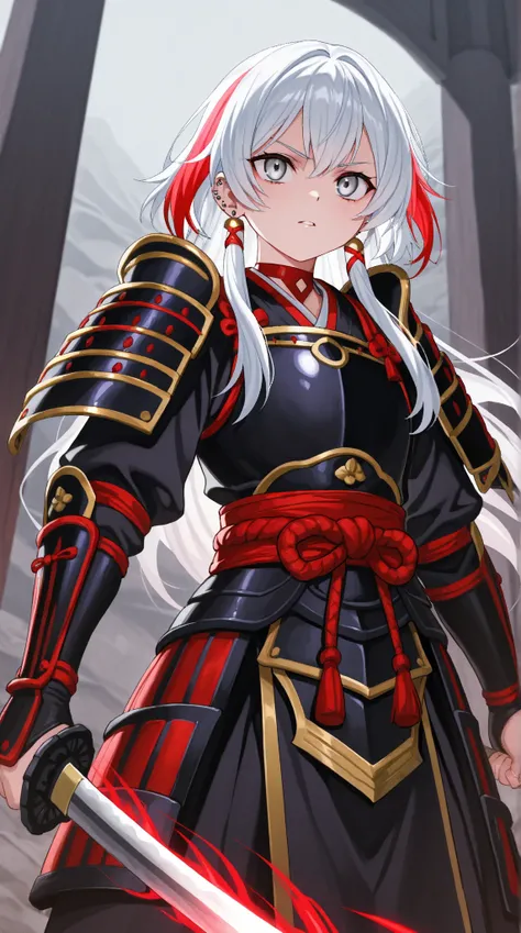  Woman 20 years old white hair and red locks with silver eyes she is a samurai in Demon Slayer , With a snake 