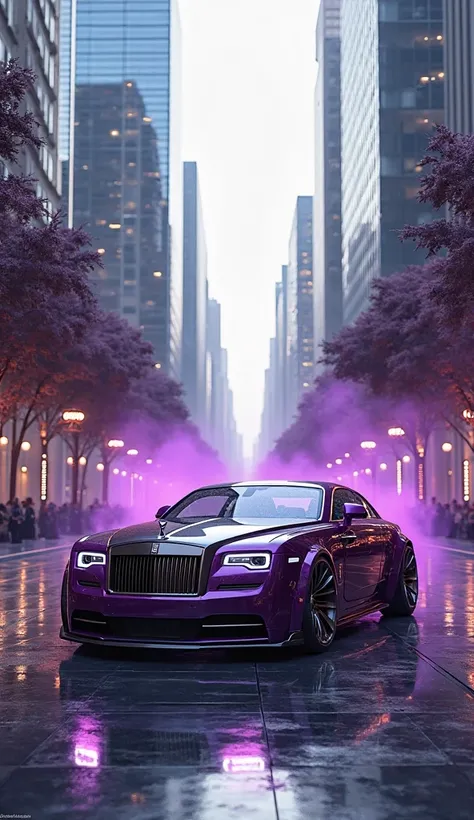 The best realistic city,  metropolis ,  avenue . side view, Rolls Royce Droptail purple with futuristic limited edition. parked,  without movement . Purple smoke in the background. 