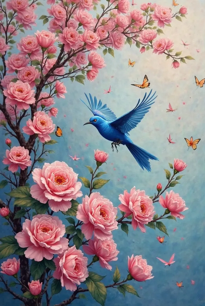 painting of a blue bird flying over a pink flowered tree, mystical birds, painted in oil colours, many birds and roses fly around, inspired by Jean-Baptiste Pater, oil painting on canvas, birds on cherry tree, by Ju Lian, birds and butterflies, painting of...