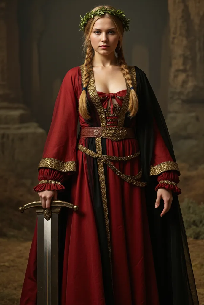 a european german woman, blonde braided_hair, sword in hand, (red_black_gold_robe), (thin_clothes:1.5, translucent_clothes:1.5), crown of oak leaves, heroic, dramatic, masterpiece:1.5