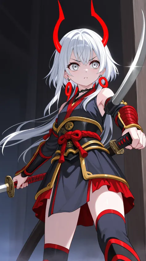  Woman 20 years old white hair and red locks with silver eyes she is a samurai in Demon Slayer , With a snake 