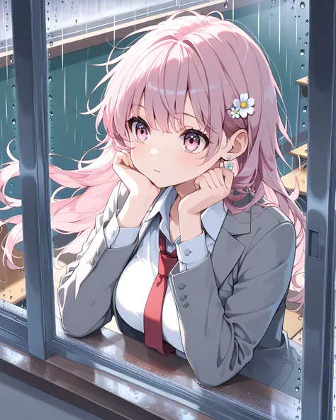 masterpiece,best Quality,ultra detailed,absurdres,portrait,
from outside,from outside the Window,rain,condensation,water drop,elbow rest,

1girl,(solo),16yo,cute,kawaii,parky,medium breasts,beautiful pink eyes,bright pink hair,floating hair,long hair,messy...