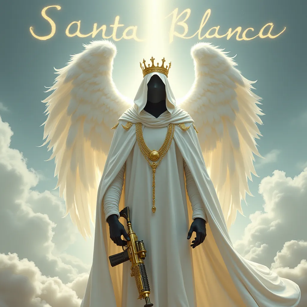  A man , faceless, tenues d’azrael blanche, capuché, golden crown, gold chain, white wing  ,Santa Blanca script in the sky, golden assault rifle.