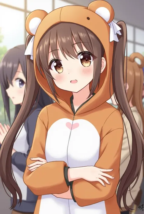  Hair,  tall twin tails,  straight bangs, Bear costume, big glitter eyes,  anime,  girls on the left,