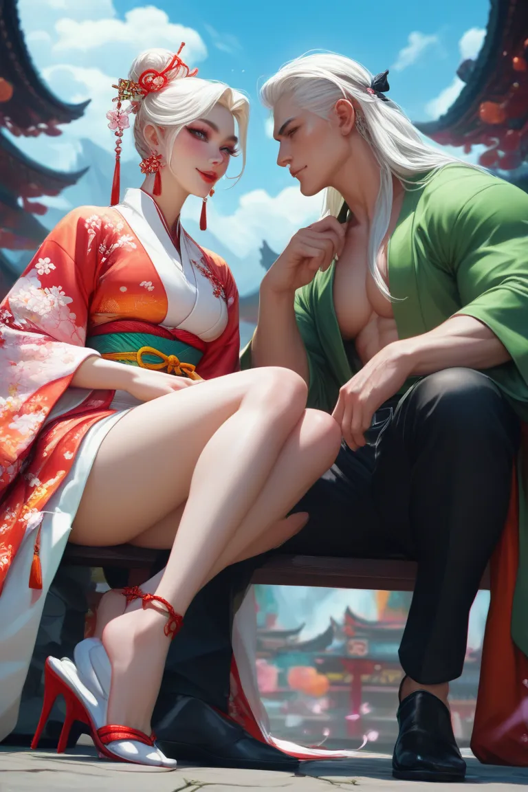 Two, voluptuous, pale, japnese white long haired beaury girls. They are also wearing a transparent colorful kimono, high heels. They are large chested. Their faces express longing for the man. They each sit on each leg of a 26 year old white long haird mas...