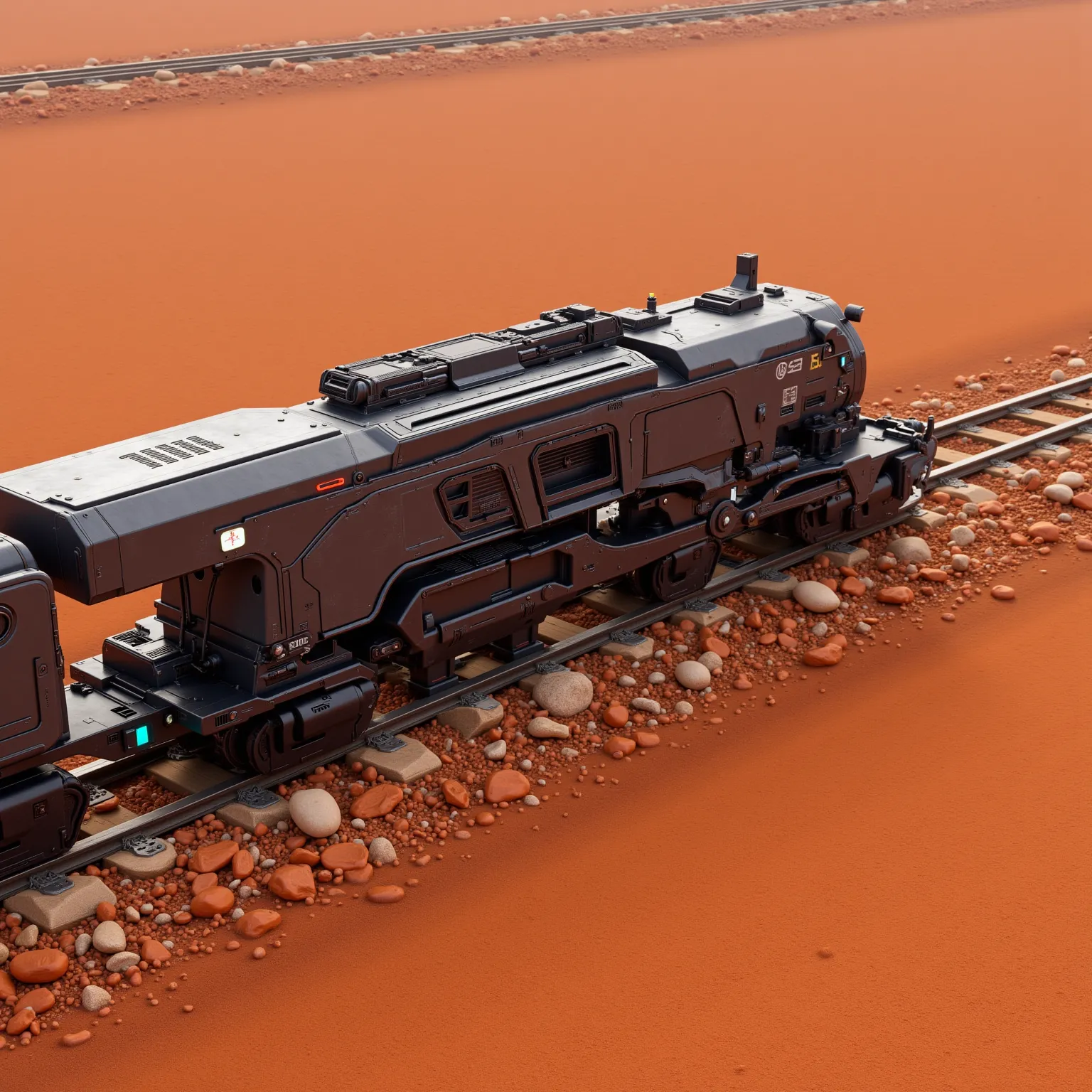 "Realistic, seen from above, locomotiva branca powered by a large single track, armada com um pequeno canhão longo de calibre 120 mm em cima dThe locomotive, futurist, powered by a large single track de cor branca. dusty due to the sandy terrain, reddish c...