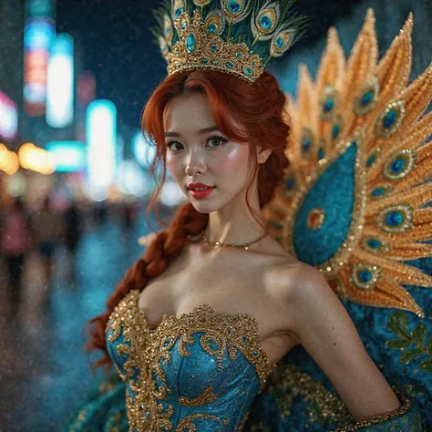 Full body parading Korean woman Kim Yoo 24 years old Cherry red hair curled with delicate braid, natural blue eyes , textured skin, highlighter and false eyelashes medium, definite body. wearing the queen set of the blue and gold carnival battery and the w...