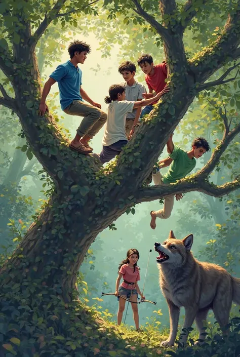  **Climbing Trees**: Sham (blue shirt), Vikram (white shirt), Arjun (green shirt), and Rahul (red shirt) quickly climb tree branches, while Zhara aims her bow at the snarling shadowy wolves below