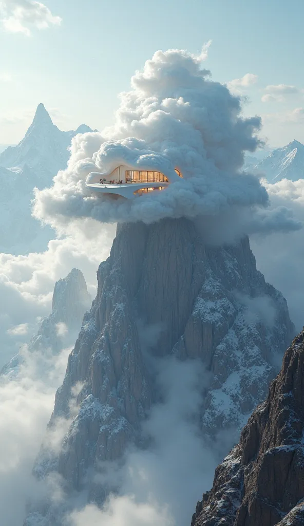 generate a house where the house adapts the shape of a cloud and is on top of a mountain please make the house have the shape of a cloud