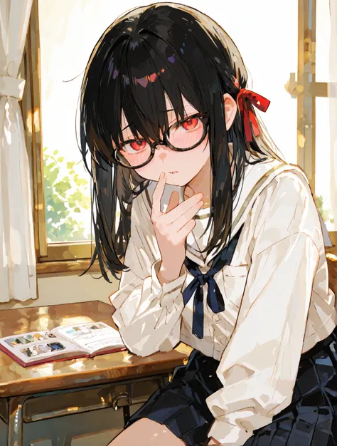 long black haired woman, red-eyed, Japanese School Dress,glasses,shy face