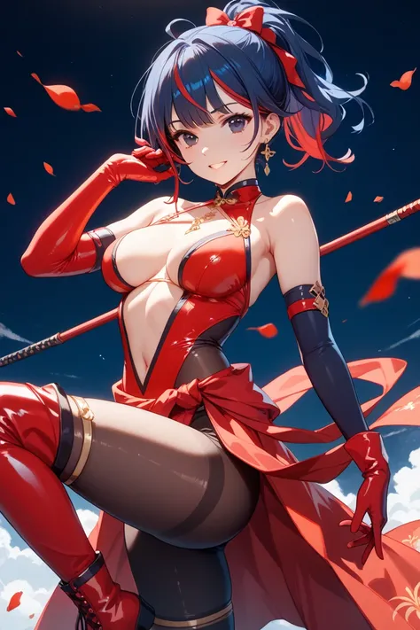 Hairstyle:Short Layers、red highlights on black
Eye color:black
style:Slender legs, long, slender body

COSTUME:A shiny bodysuit that fits the body perfectly and specializes in martial arts
Navy blue base color with red line pattern
shiny red tight long glo...