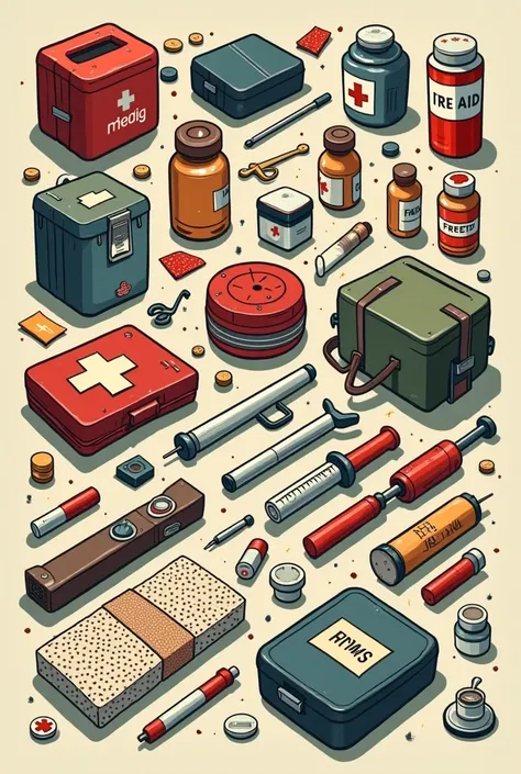 (Vintage cartoon) army medical equipment such as (medic kits, injections, medicine, cigarettes)