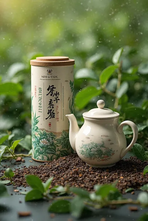 Professional tea branding unique packing design under the details 
The background should be a tea garden. There should be a teapot with tea on it. There should be tea leaves next to it.