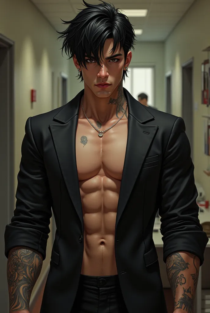 A strikingly attractive man with messy yet stylish short black hair and bangs. His strong facial features include hooded black eyes, slightly arched eyebrows, a sharp nose, and full pink lips against pale skin. His muscular physique boasts huge pectoral mu...