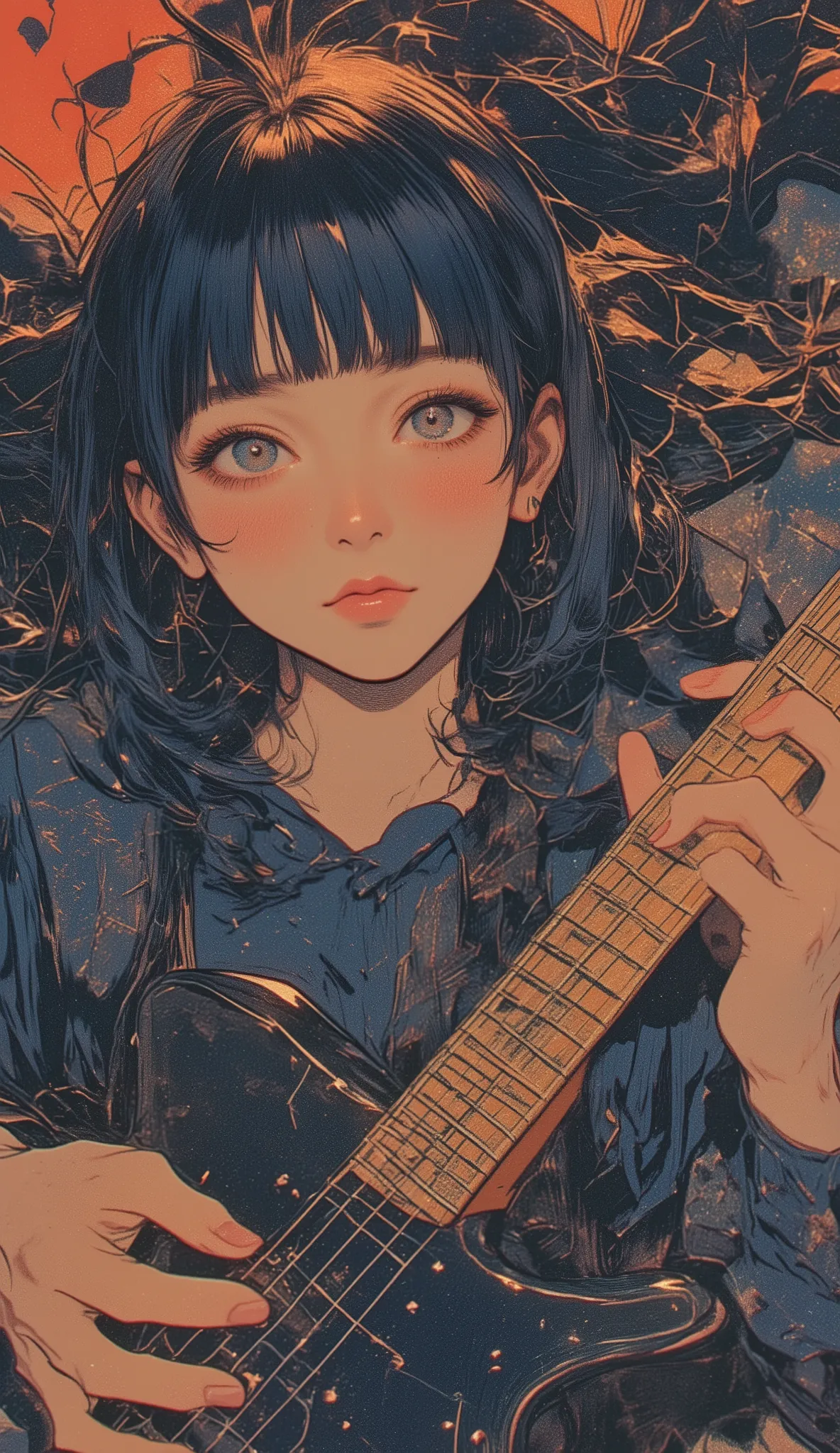  Fisheye 、Close up of a poster of a beautiful woman playing a guitar, Otomo manga, by Sadamichi Hirasawa, Set in 1992 in Japan  , 90s japan, Otomo, tetsuo hara and katsuhiro Otomo, Satoshi - Con,  peaceful atmosphere  , By Naka Bokunen、Fine hand、Woman&#39;...