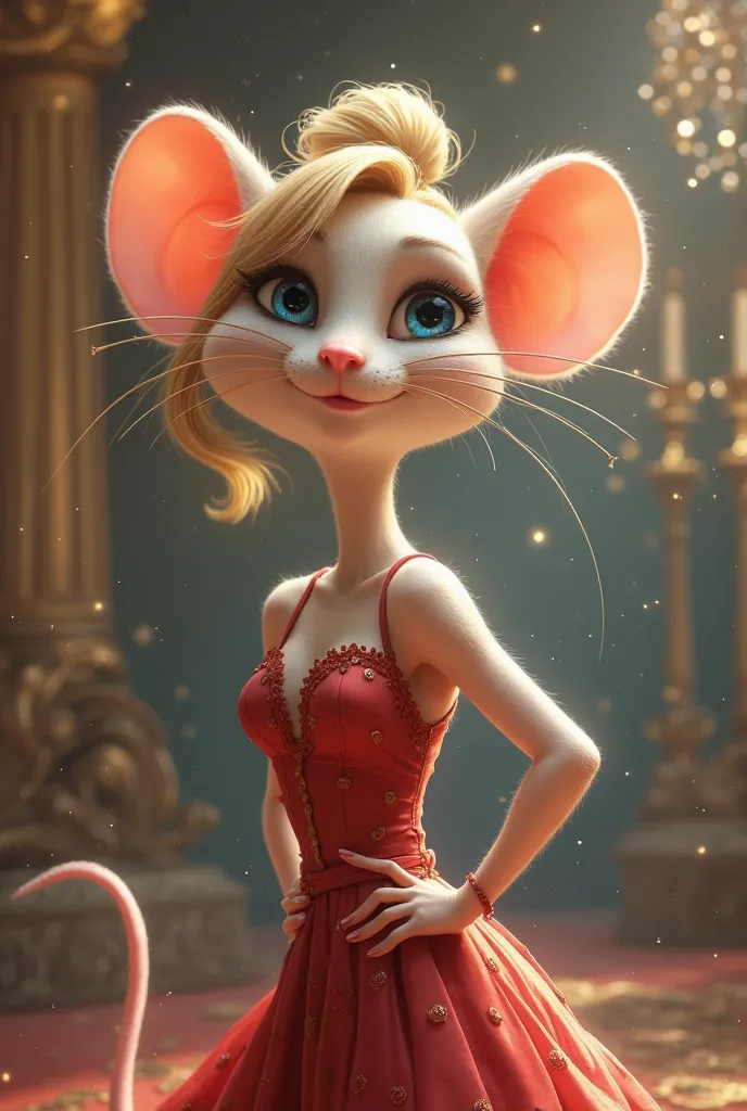 A cute cartoon rat femme fatale blond hair, blue eyes, Gala bun 