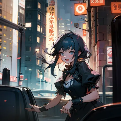 (best quality,cute girl), [Upper body, Happy, Despair], (dress, Punk fashion), Gotham City, Street, Nighttime city lights, [American comics]