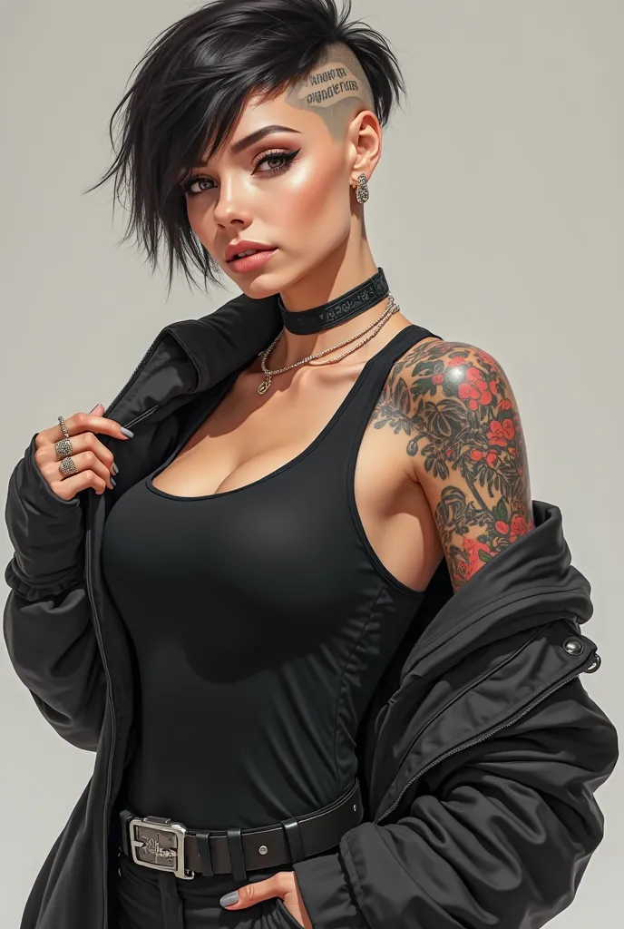 a woman of 1,75 butt with short hair shaved on the side with a tattoo that sticks to the head on the shaved side of the head and goes up to the hand. 
Wearing a black tank top with a jacket and a black cargo jersey with a black role-playing suit character