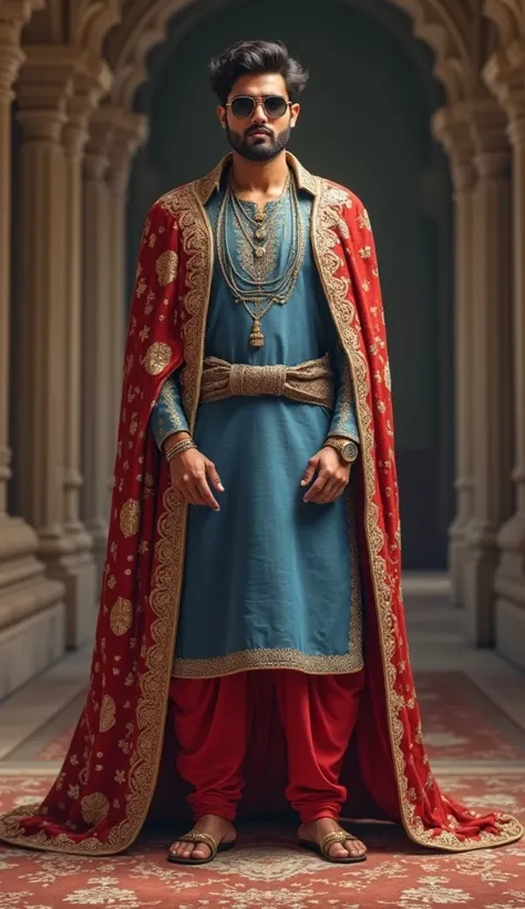 A young man, in a blue kurta and red pajama, with stylish sunglasses and a wristwatch,  
wears royal robes with dignified posture,