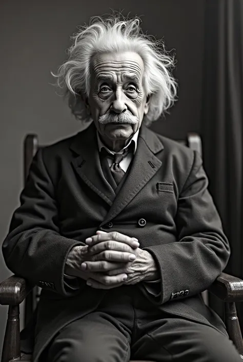 Albert Einstein assis les main croisée qui nous regarde 