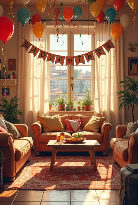 Hello I would like you to generate an image for me . It must be a birthday decoration with the Barcelona theme But in the living room of a home . Say happy birthday Nick