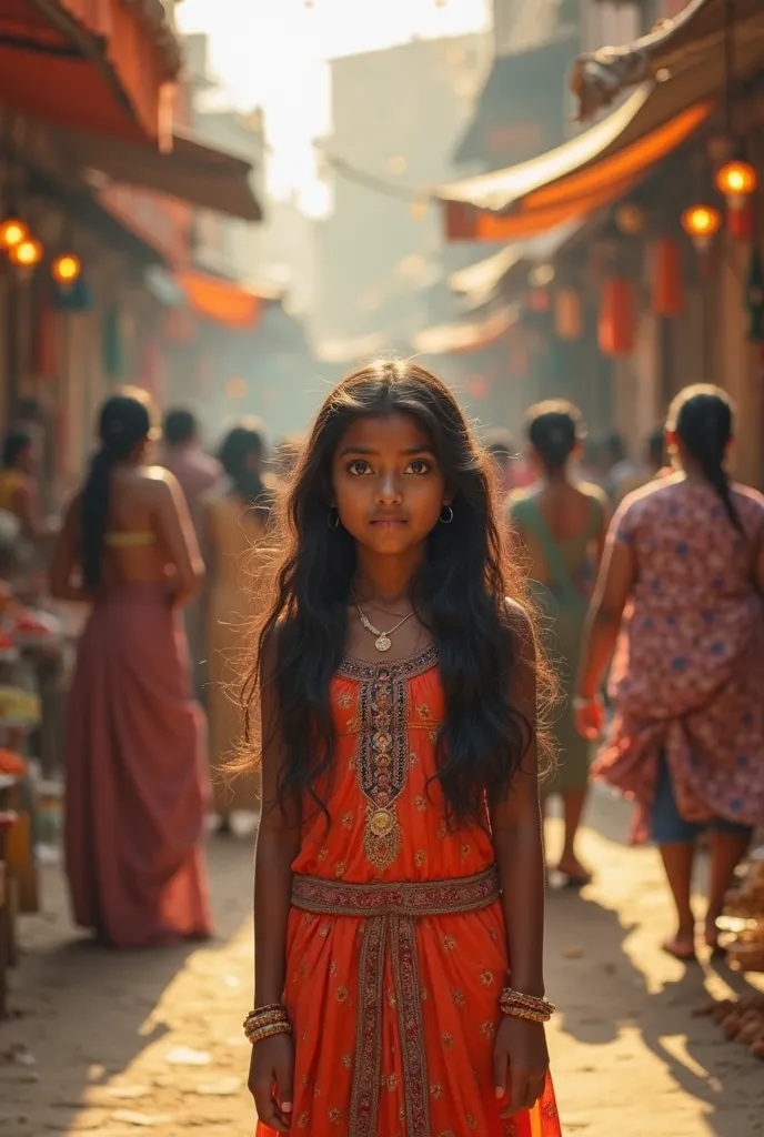 A  Indian girl stands alone in the middle of a bustling Indian market. She has delicate, youthful features, with large, dark expressive eyes and long, wavy black hair that falls past her shoulders. She wears a traditional, brightly colored dress with intri...