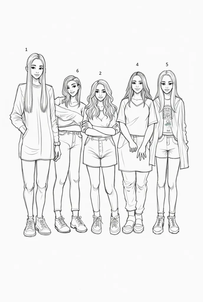 Prompt for Revised Sketch:

A sketch-style image of seven girls standing together, labeled #1 through #7. Please keep a simple, artistic line-drawing or pencil-drawing style, with these specific details:

1. (#1 - Tallest, Indian): Straight, long black hai...